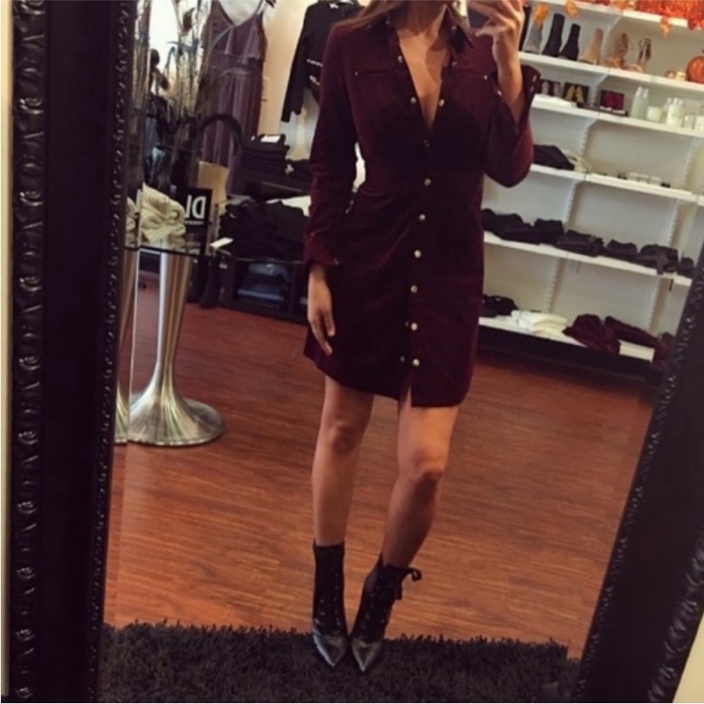 The Jetset Diaries Delphine Velvet Burgundy Long Sleeve Button Up Pocketed Dress - Picture 2 of 13